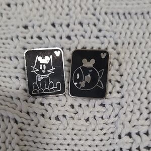 Silver and Black Cat and Fish Earrings